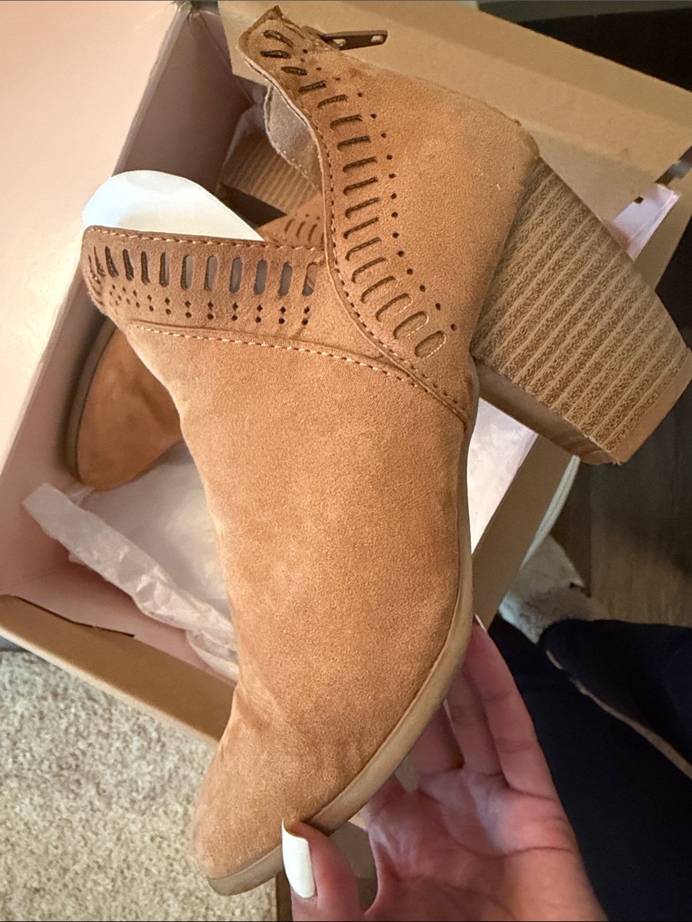 Charlotte Russe Tan Suede Cutout Stacked Heel Ankle Booties
